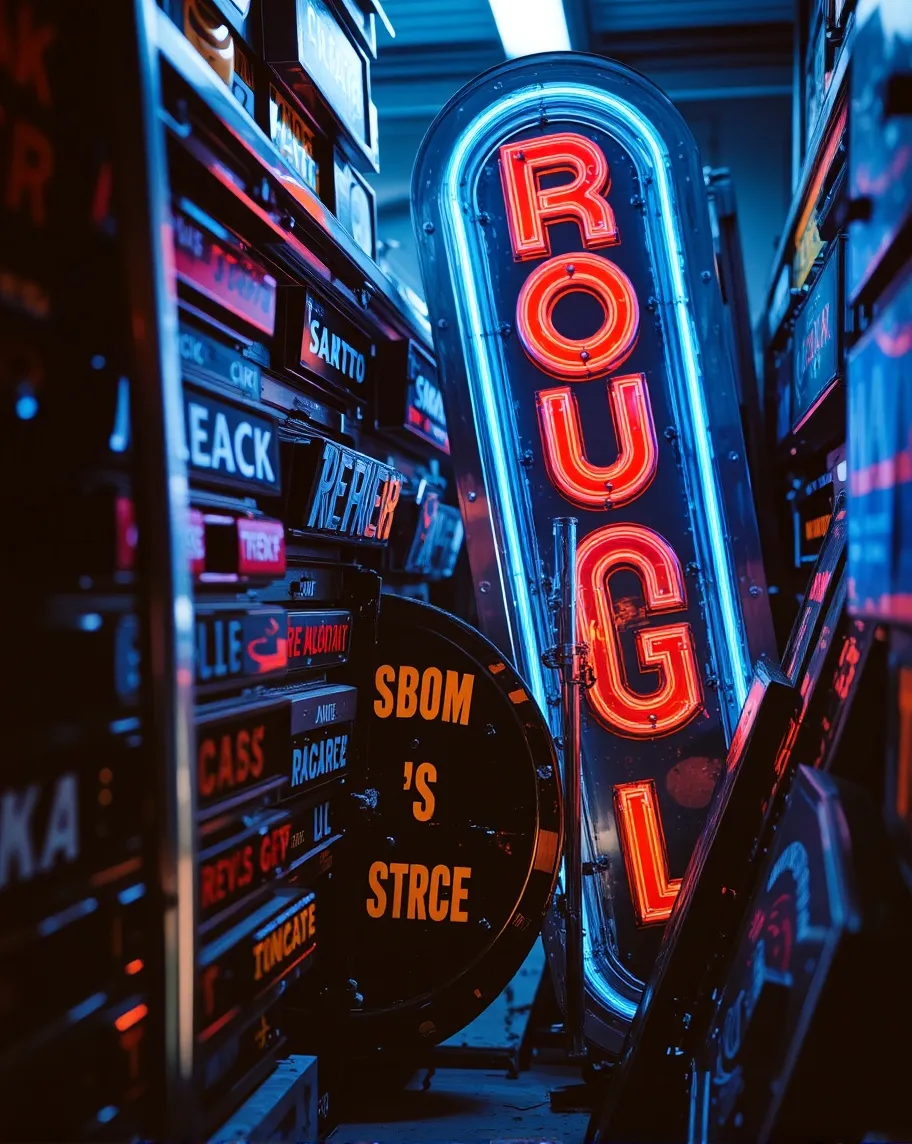 A storage room for large, light up signage. Stacks of leaning neon, tin, and lighted signs. 