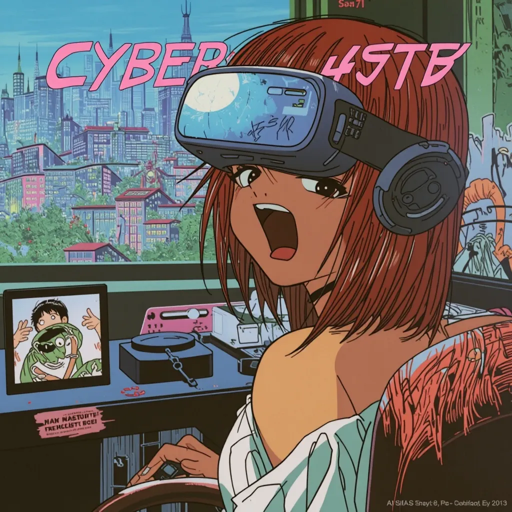 Cyberpunk gamer girl, VR headset, gamers apartment, gamer chair, window, city scape, screaming, jump scare, cinematic, Akira Toriyama, Katsuhiro Ottomo, 