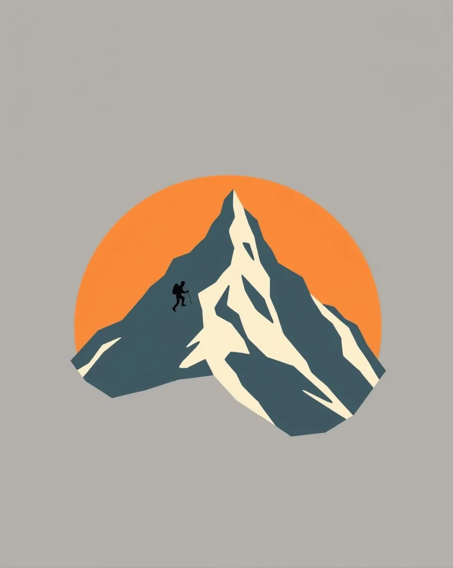 bold shapes mountain with a hiker hiking up side of mountain in a circle