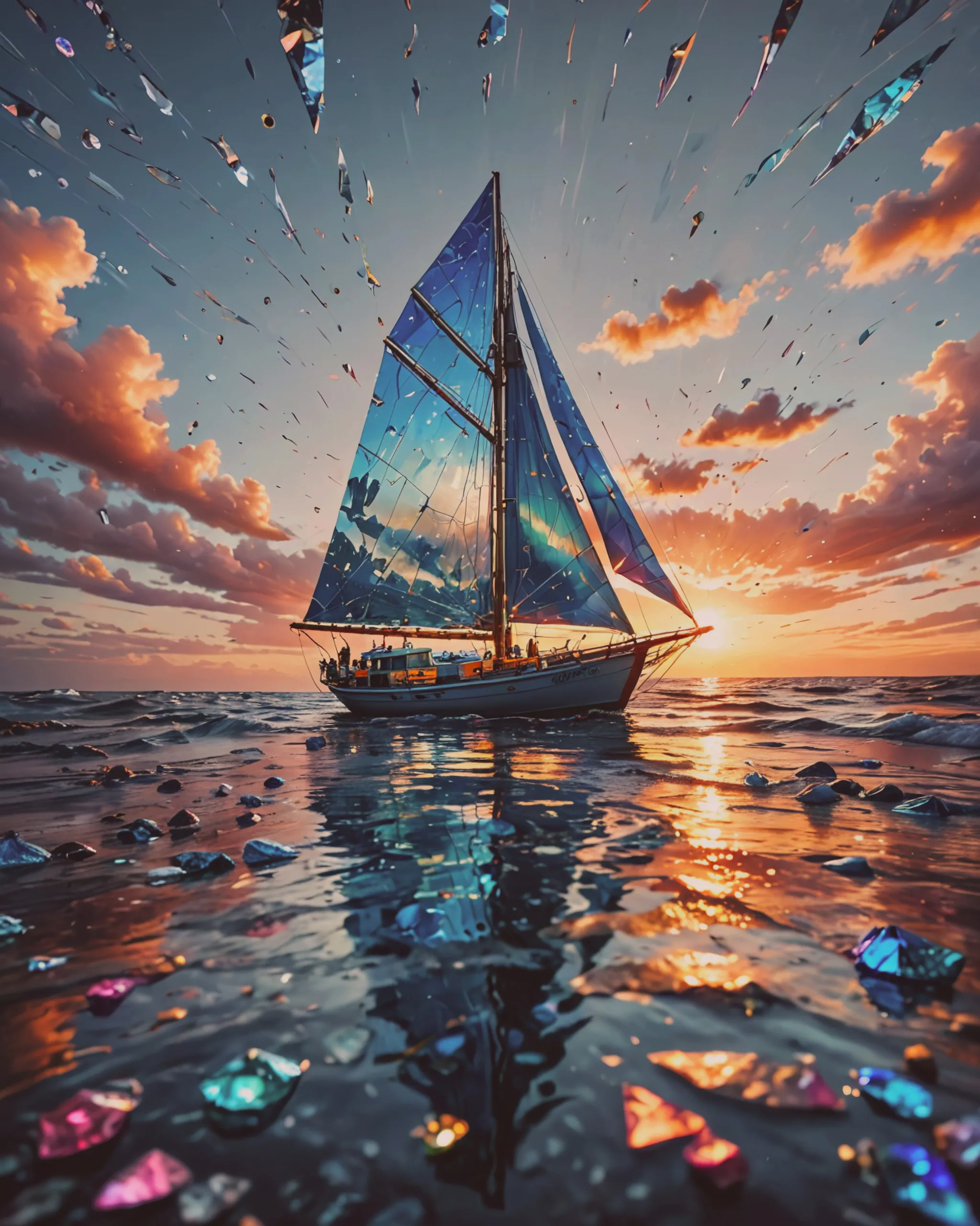 hyper-realistic ocean where the waves are made of shattered glass, each shard reflecting a different piece of the sky. A boat floats in the distance, its sails painted with **meticulous detail**, while the glass shards create a kaleidoscope of colors and light.  
**Technique:** Use fine brushes for the glass reflections; blend the ocean and sky seamlessly.  
**Color Palette:** Iridescent blues, silvers, and soft pinks.  