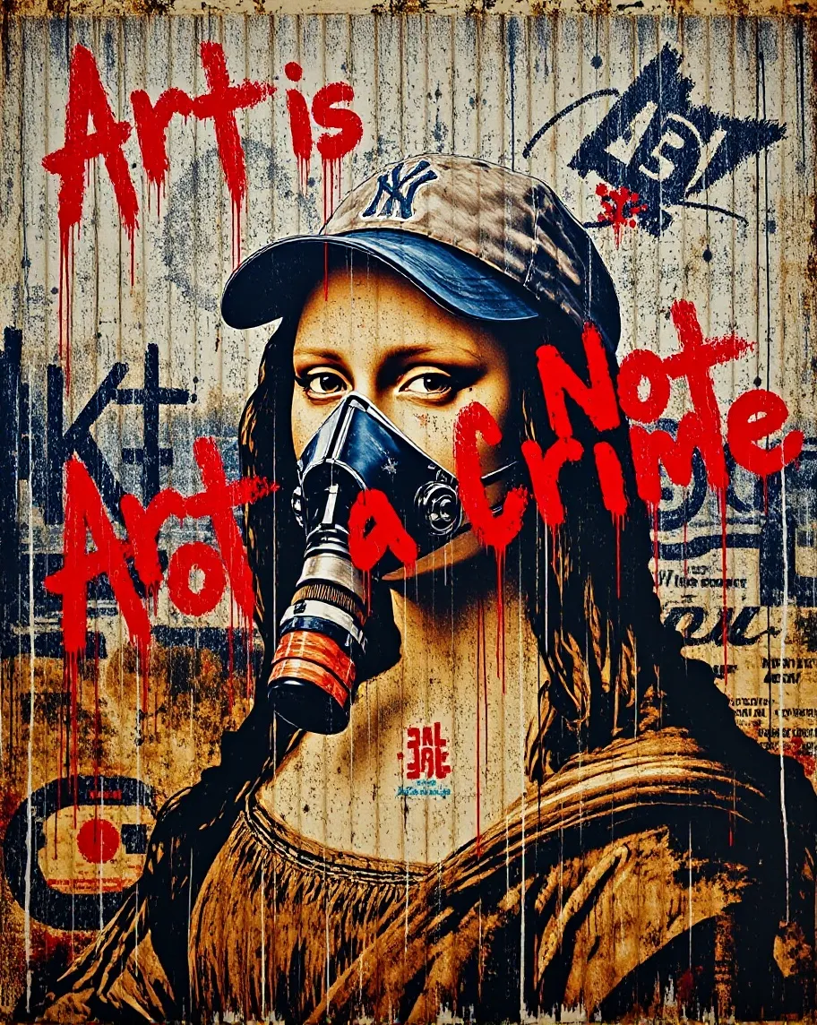 A modern street-art-inspired reinterpretation of the Mona Lisa, blending Renaissance portraiture with urban graffiti and brushwork aesthetics. She wears a sleek New York Yankees cap and a futuristic gas mask, symbolizing rebellion and artistic resistance. The background is a chaotic explosion of vibrant spray-painted graffiti, featuring bold lettering, abstract patterns, and dripping paint. The words ‘Art is Not a Crime’ are spray-painted in striking red across the scene, adding a strong statement. The artwork is created on a repurposed metal surface, giving it a raw, industrial feel. The style is a fusion of classic fine art and contemporary street art, reminiscent of Banksy and Basquiat