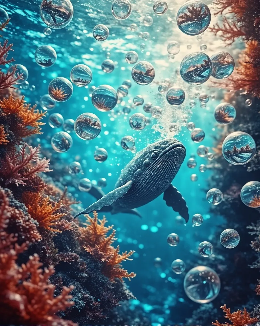 Around a colorful coral reef is a baby whale. Bubbles coming from him are filled with highly detailed ocean scenes.