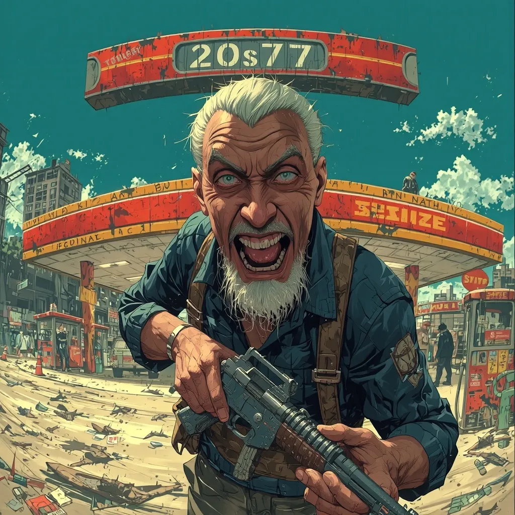 2077, roadside wasteland gas station, rundown, crazy old man, grizzly, missing teeth, grubby, shotgun, industrial, manic, unhinged, Cyberpunk technology, futuristic, urban decay, futuristic, cyberpunk, neon light, cyberjunk litters of office space, wide angle perspective, realistic, crowded, alternative street art, manga, screaming, jump scare, cinematic, Akira Toriyama, Katsuhiro Ottomo, 