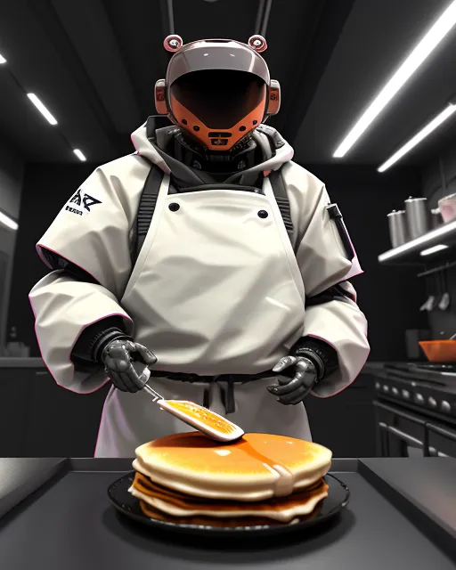 A robot chef flipping pancakes in a futuristic kitchen filled with glowing neon appliances.