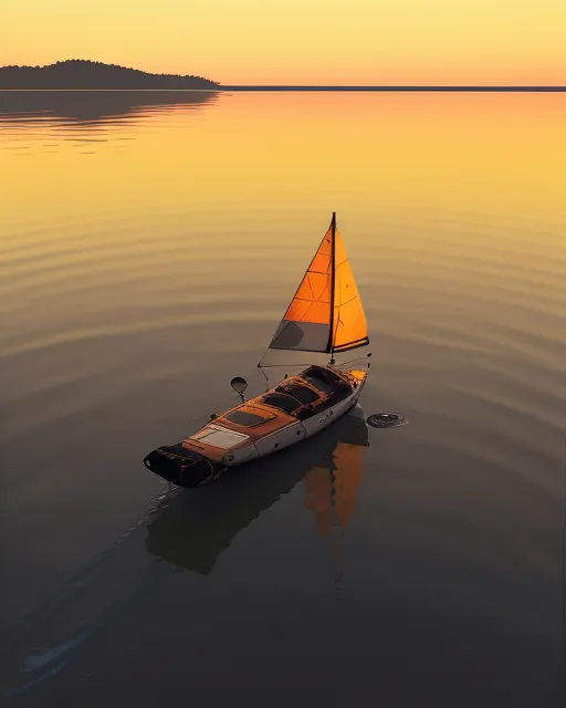 A lone sailboat floating on a tranquil lake at sunset, with golden ripples spreading across the water.