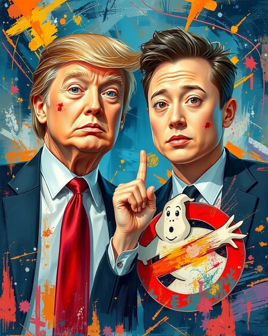  Donald Trump and Elon Musk as Ghostbusters cartoon meets classical oil painting style, technicolor dream , humor, caricature portrait, funny, DOGE 