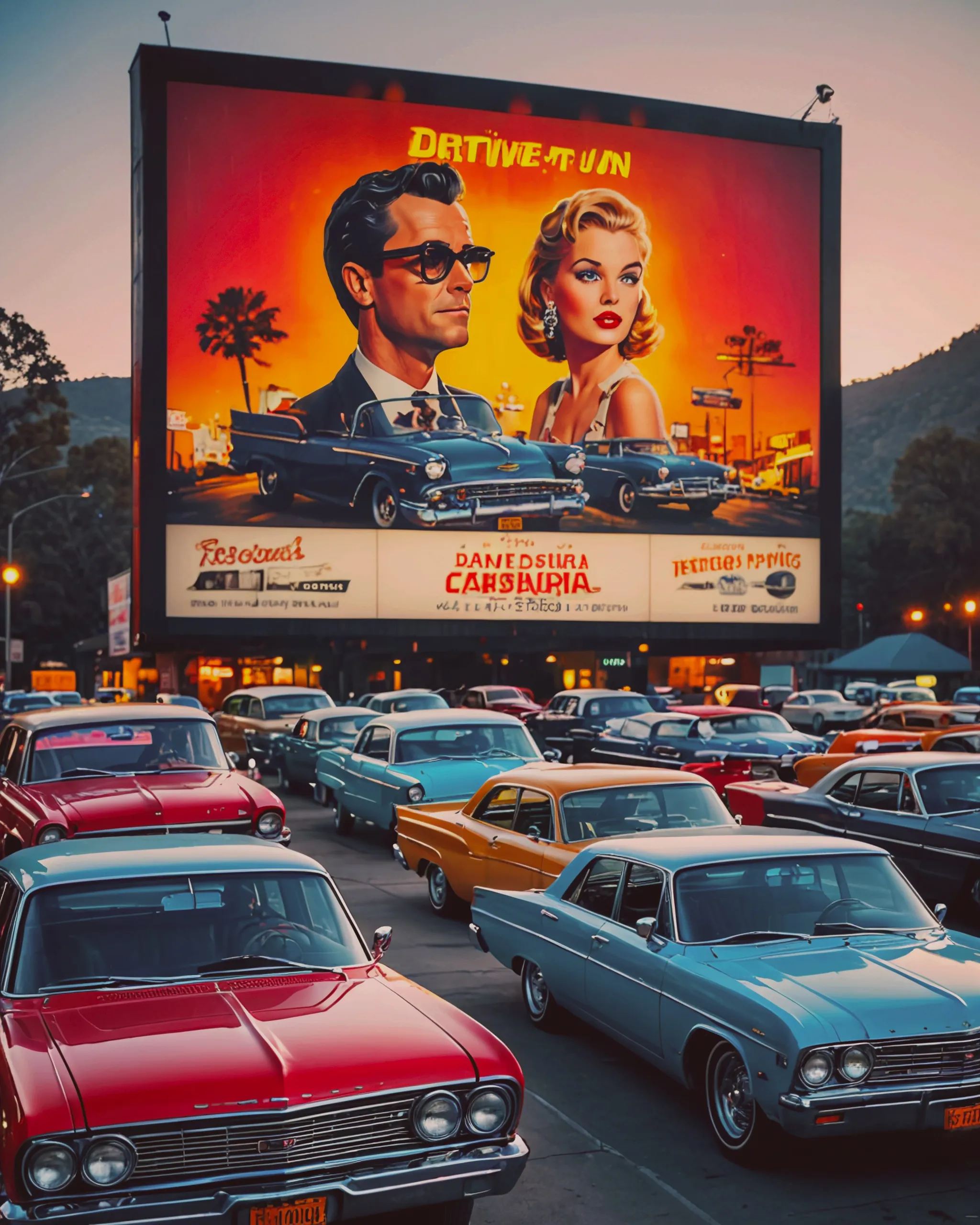 Drive In Scene A vibrant drive-in theater scene - Free AI Photo Generator - starryai