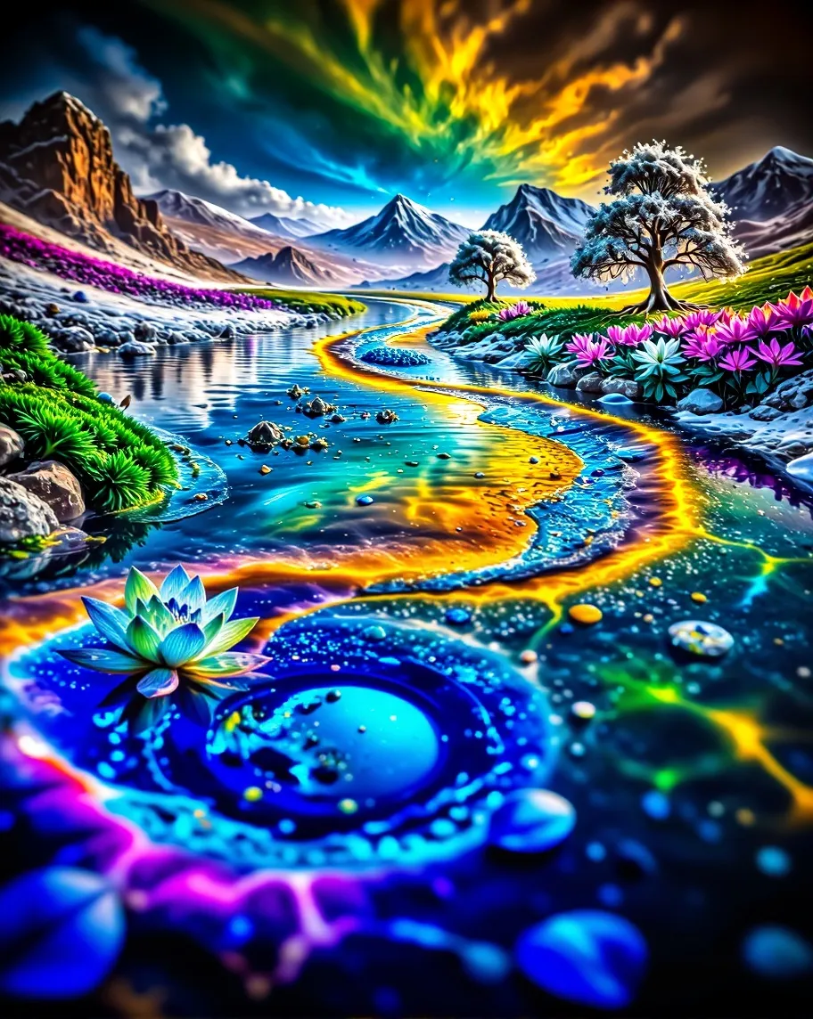 A glowing river winds through a - Free AI Photo Generator - starryai