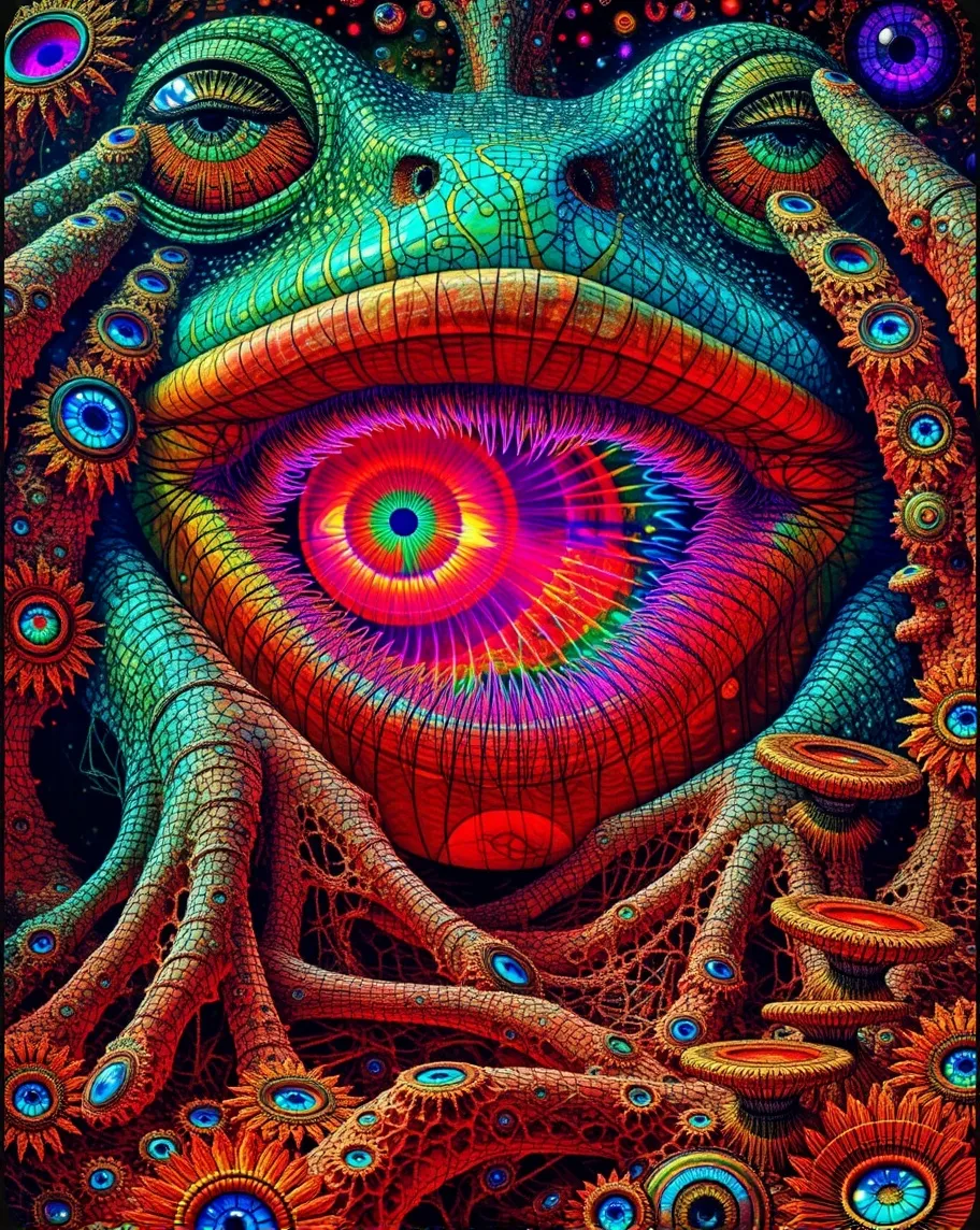 A Gigantic Bufo toad with poisenous gland, Hypnotic eyes, illuminating red , green, blue, yellow, indigo, violet, orange colors,  swirling, wirling, spiraling out of control. Psylosobe cubensis mushroom luminescent, lush, trippy, wild. Extreme detailed. Intricate Acid art. Sharp focus. In the style of Brummbauer