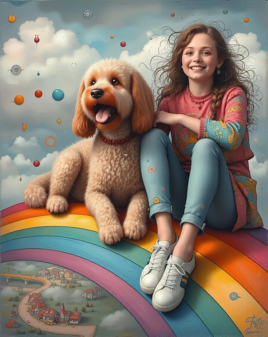 A girl sitting on a rainbow her - Free AI Photo Generator - starryai