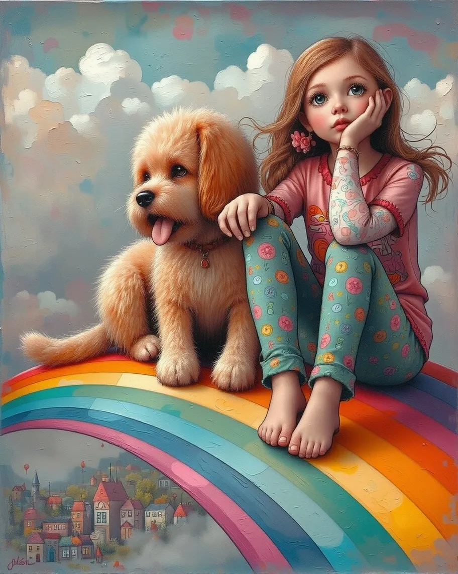 A girl sitting on a rainbow her - Free AI Photo Generator - starryai