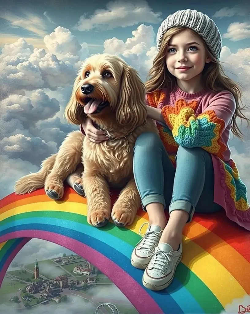 A girl sitting on a rainbow her - Free AI Photo Generator - starryai