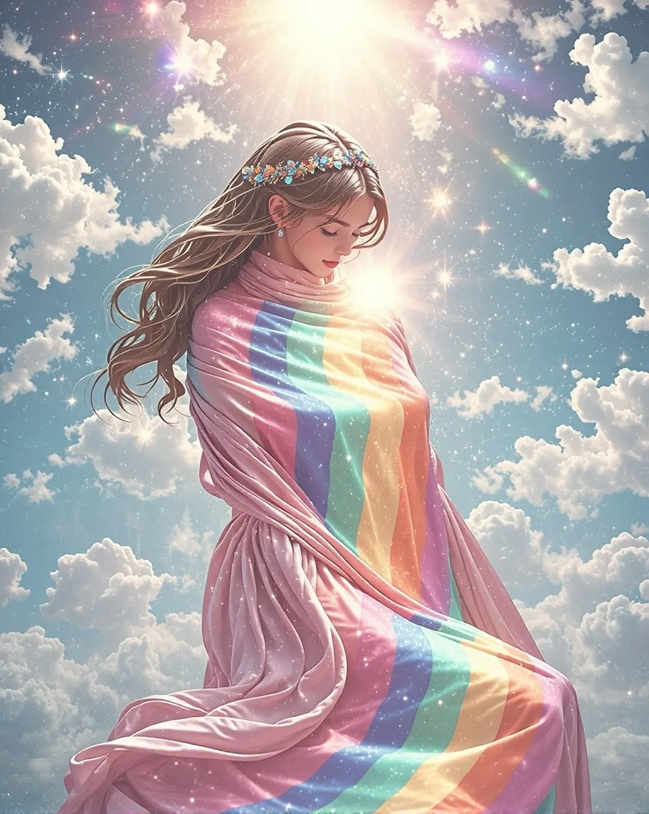 A girl wraps herself a rainbow - Free AI Photo Generator - starryai