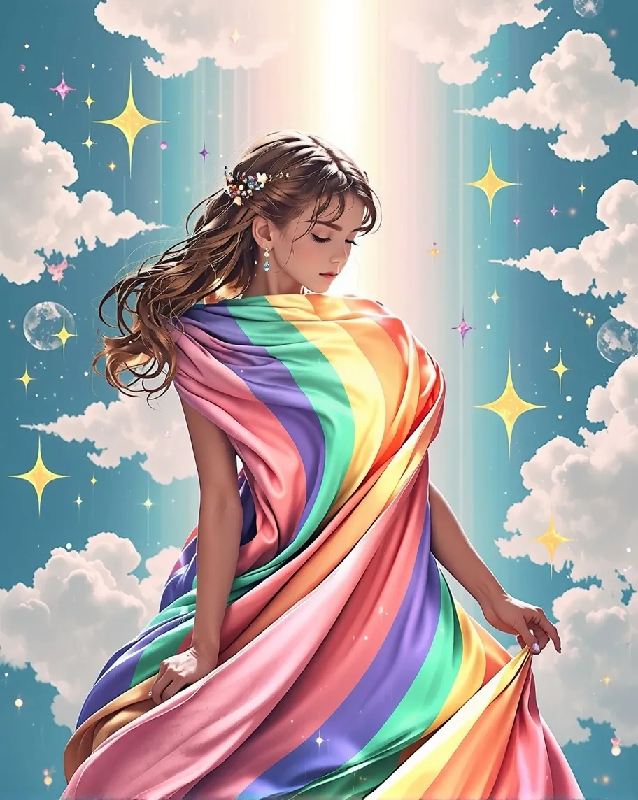 A girl wraps herself a rainbow - Free AI Photo Generator - starryai