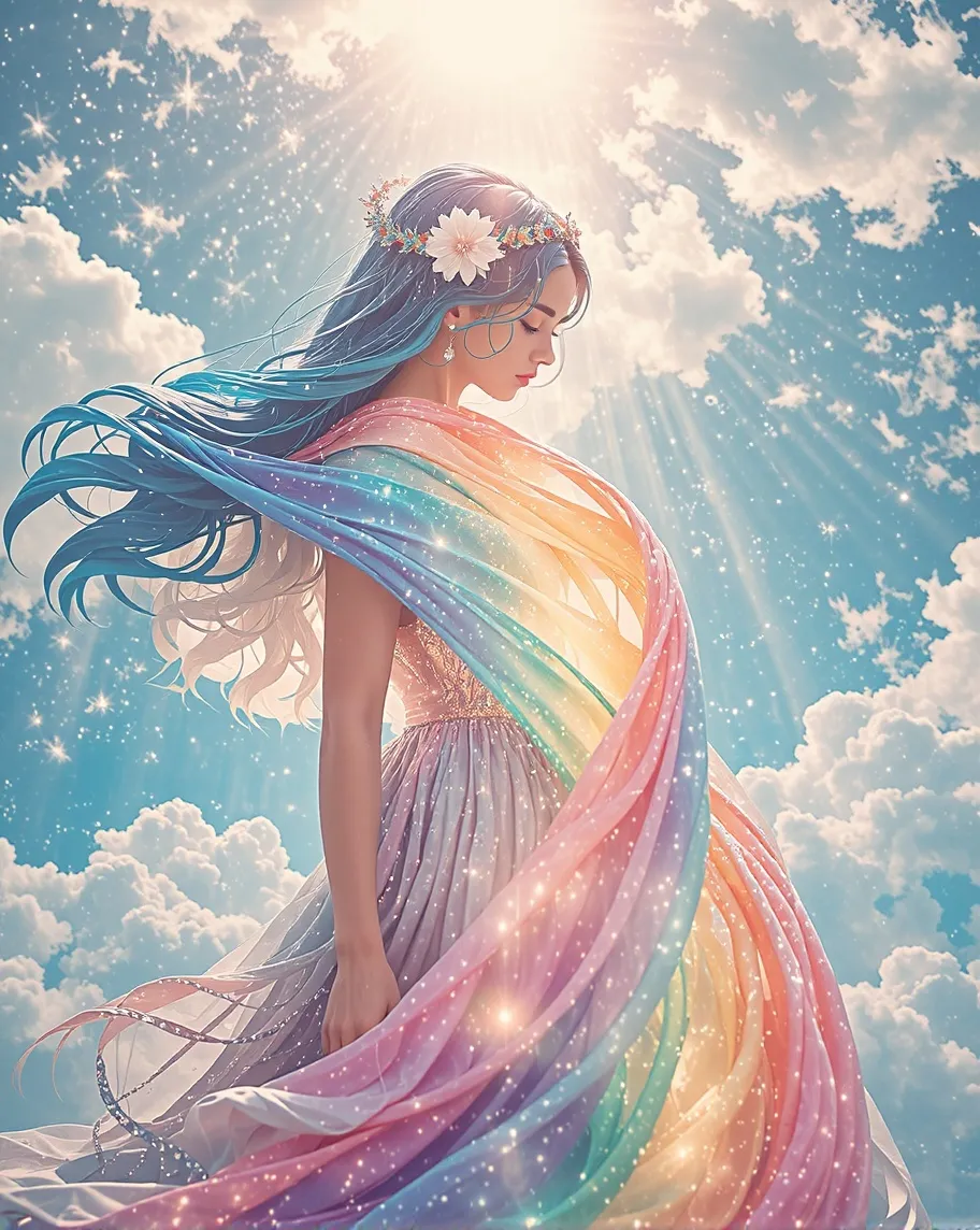 A girl wraps herself a rainbow - Free AI Photo Generator - starryai