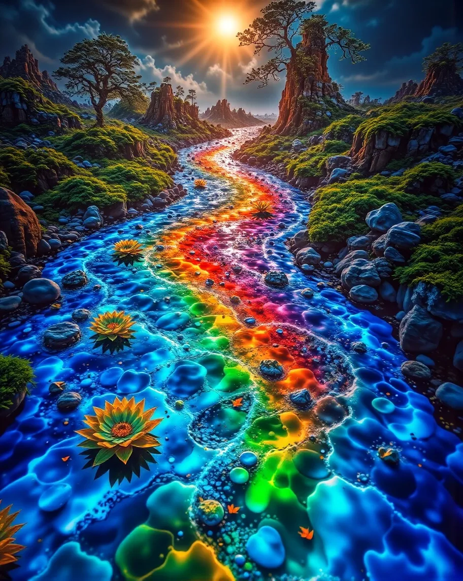 A glowing river winds through a - Free AI Photo Generator - starryai