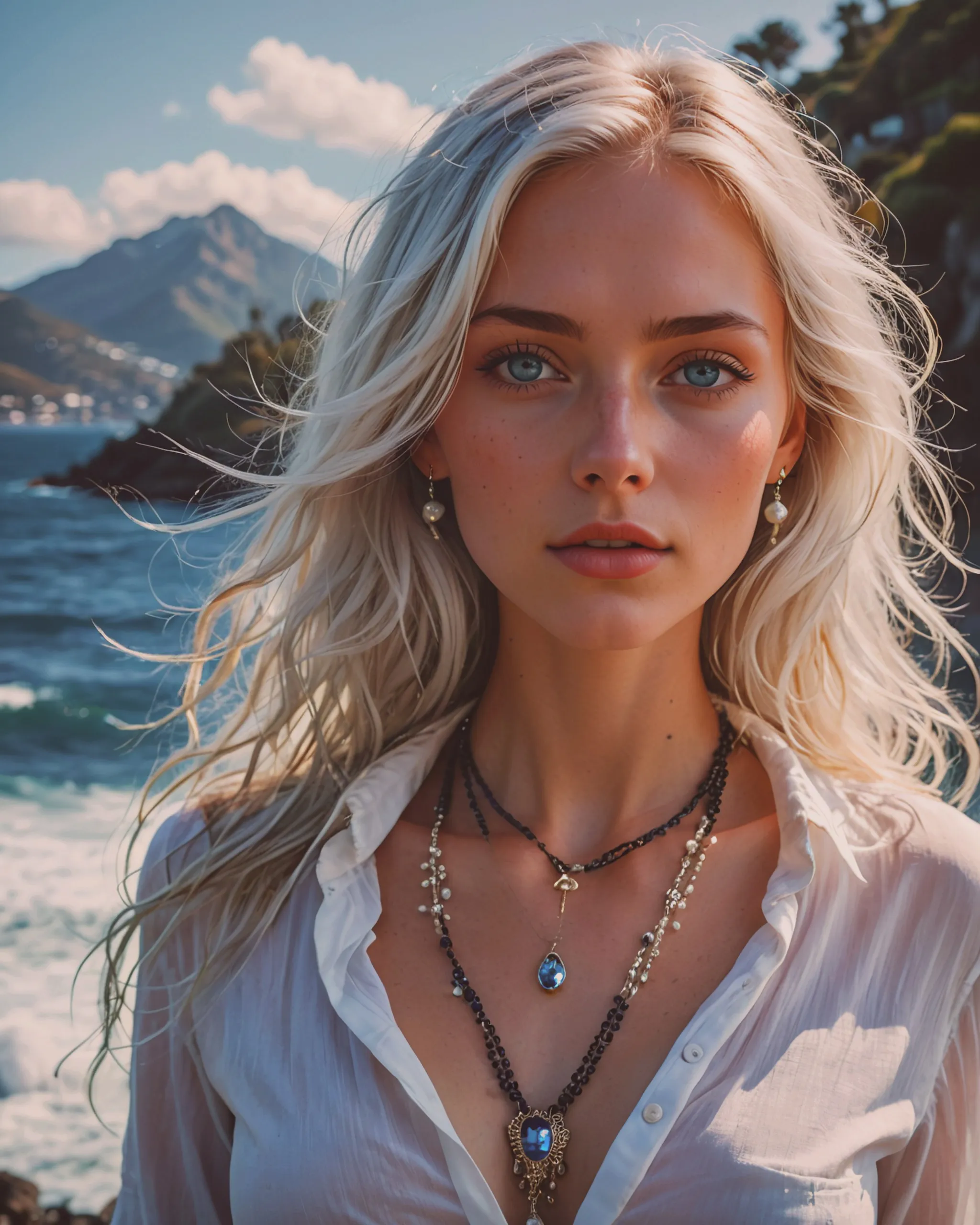 A beautiful woman long white hair - Free AI Photo Generator - starryai