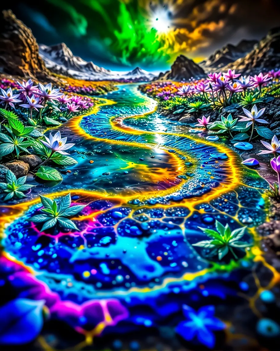 A glowing river winds through a - Free AI Photo Generator - starryai