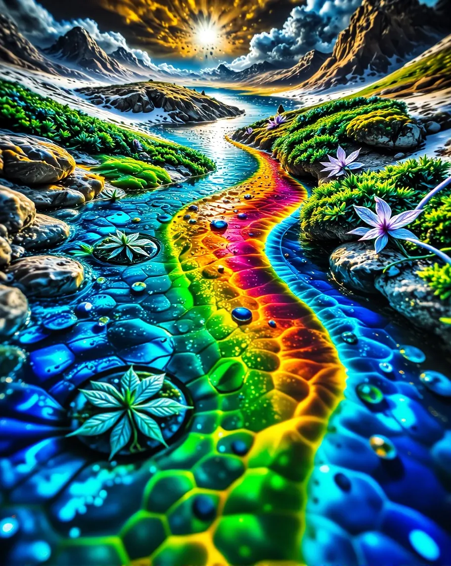 A glowing river winds through a - Free AI Photo Generator - starryai