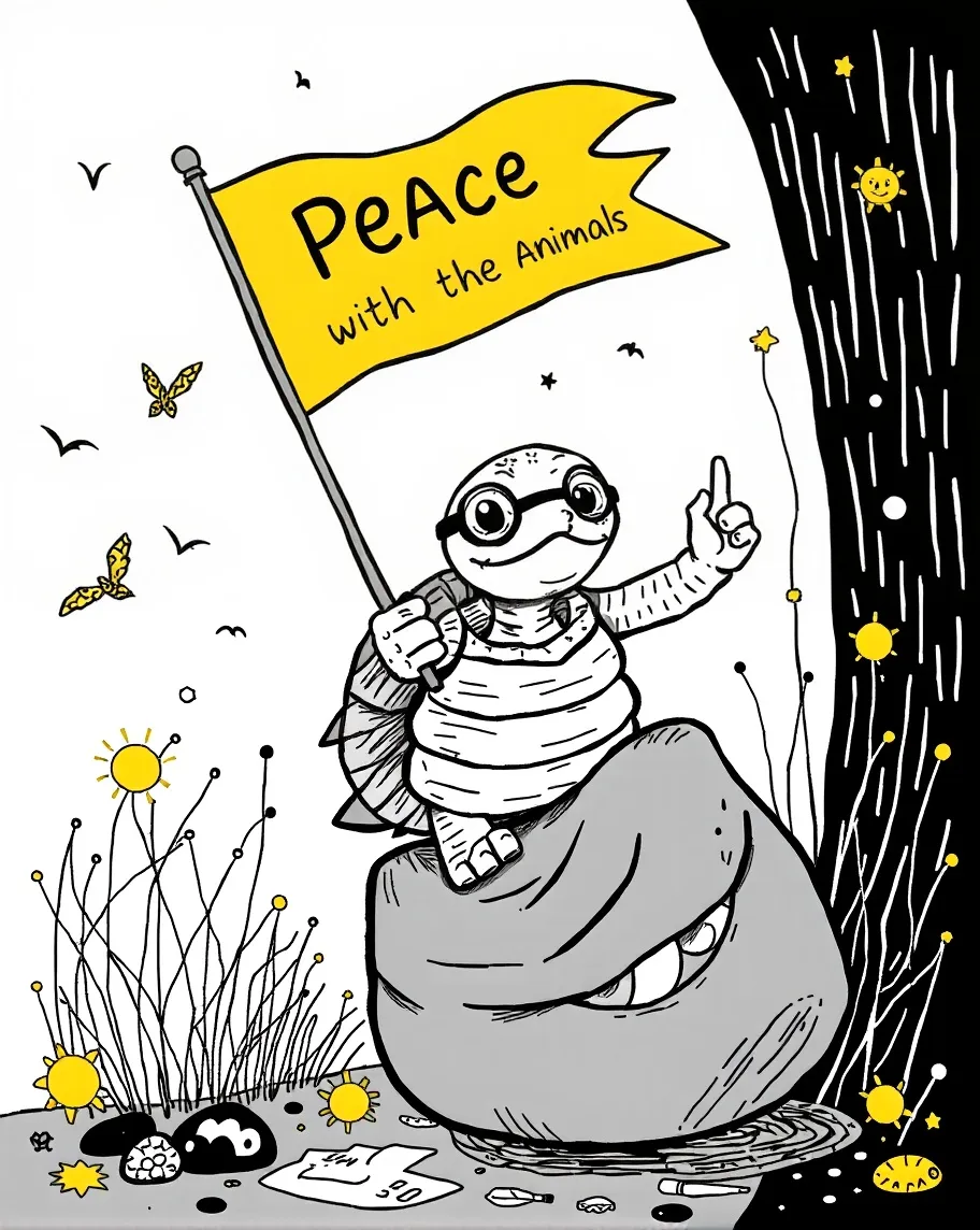 A small turtle looking out of a backpack and waving a peace flag that says peace with the animals