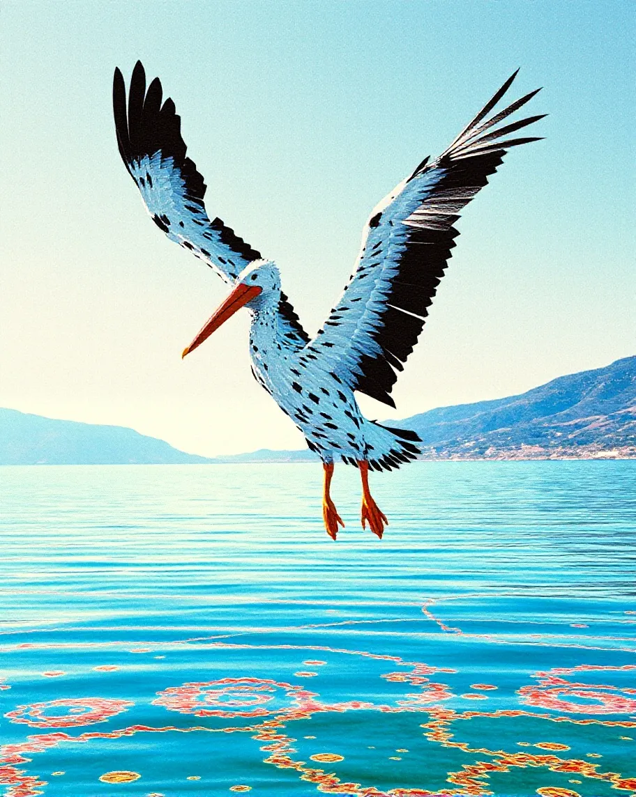 A Dalmatian pelican with its wings spread apart is coming in for a landing on a beautiful lake in Africa 