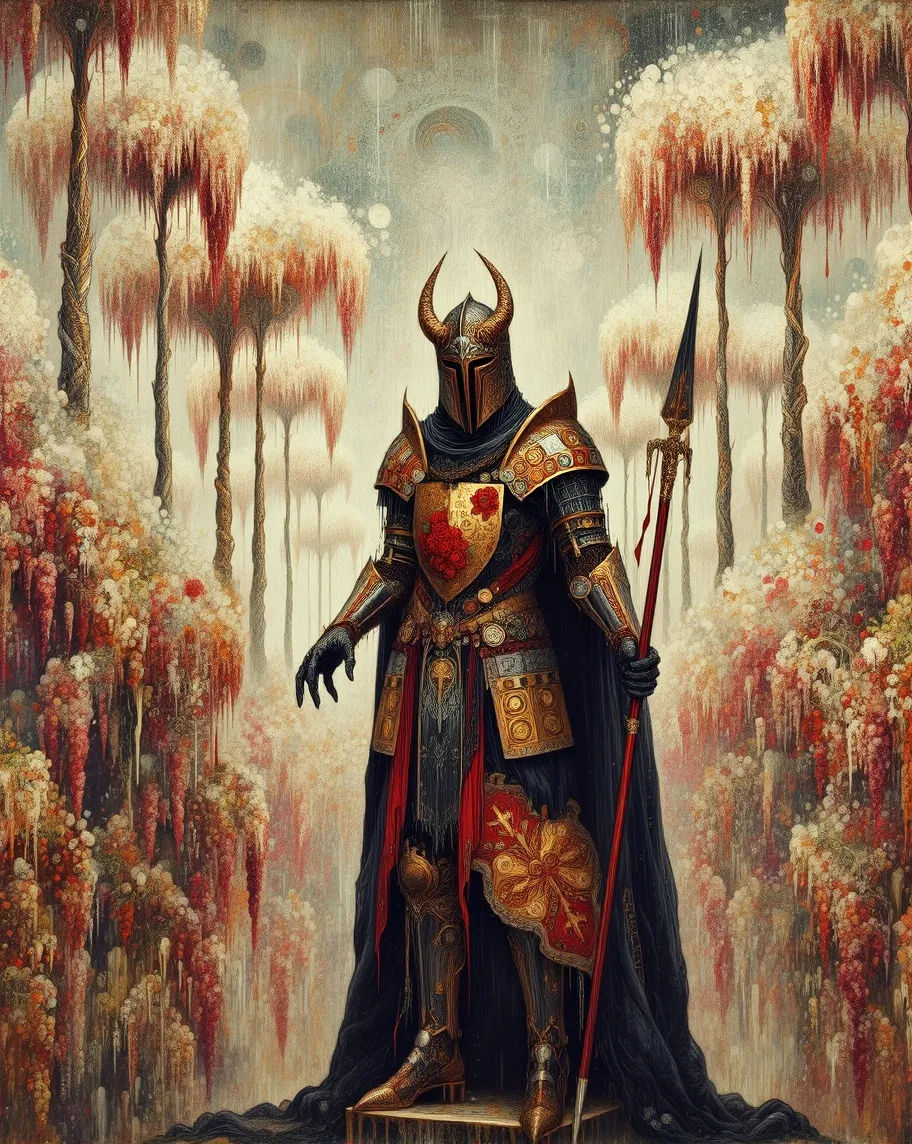 A majestic knight clad in High Gothic, 16th-century black armor, gilded with red trims and adorned with a red rose heraldry, stands in an ethereal wisteria forest. Their horned helmet and towering presence exude an otherworldly aura, as a shield and spear complete their imposing silhouette. Rendered in hyper-detailed, impressionist gouache style, with thick, textured brushstrokes, the scene blends the sublime elegance of Mark Brooks and Dan Mumford’s comic artistry into a museum-worthy masterpiece.