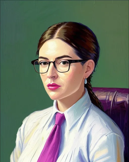 Corporate mogul goddess, overlayed with  neck ties, staplers, ink wells and feathers, manuscripts, set in front of an office cubicle, with her glasses dangling from her lips
