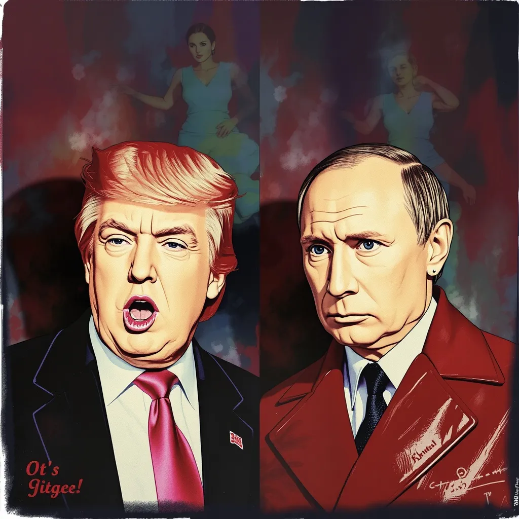 “It’s YUGE!!” Donald Trump with pink hair and Vladimir Putin in a slick red leather coat. 