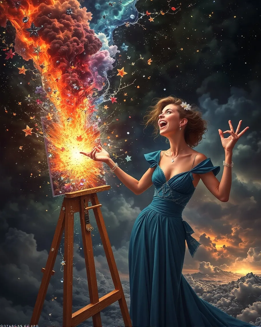 A woman exclaims woth glee at her - Free AI Photo Generator - starryai