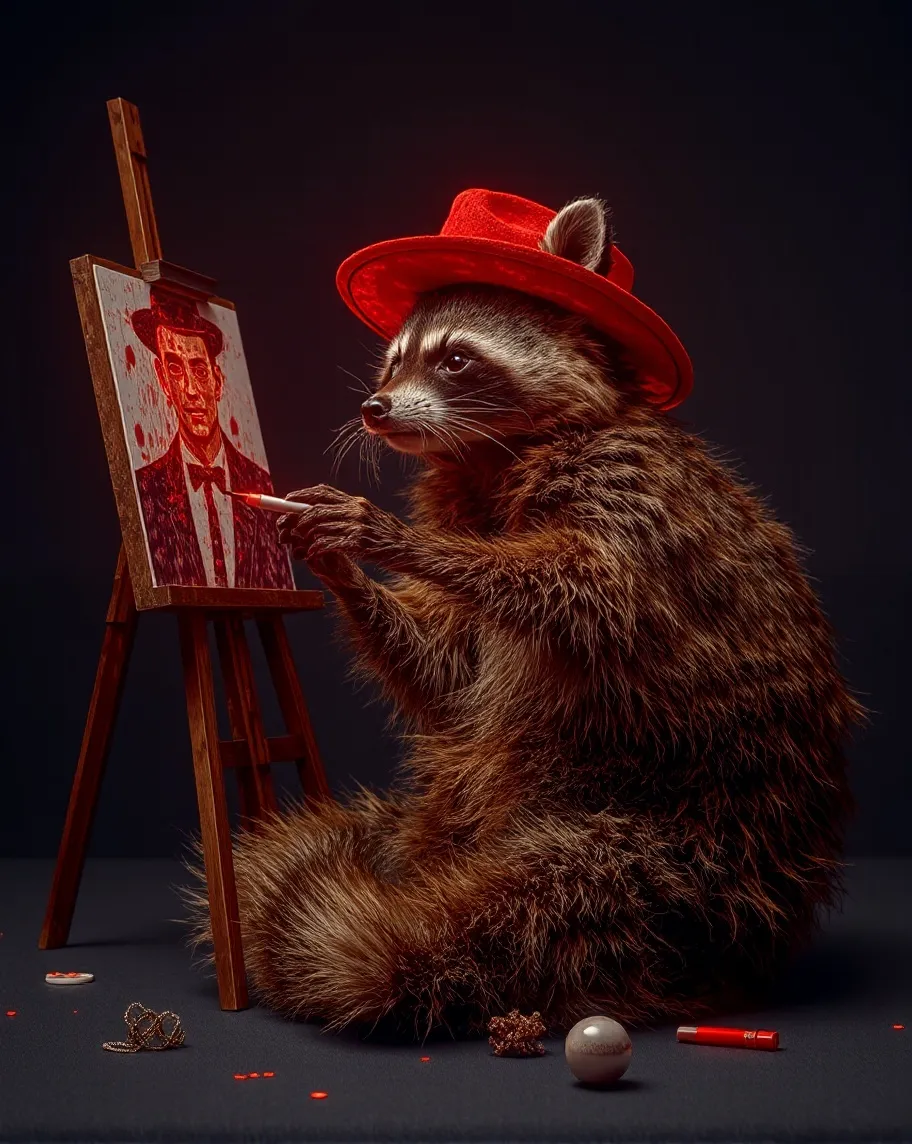 Red Haired Raccoon A red-haired raccoon a red hat at - Free AI Photo Generator - starryai