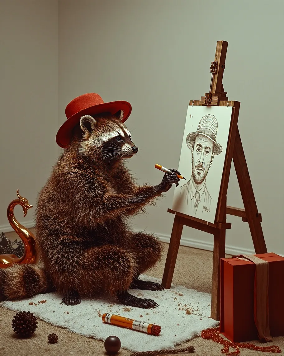 Red Haired Raccoon A red-haired raccoon a red hat at - Free AI Photo Generator - starryai