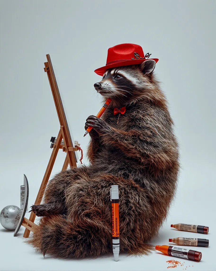 Red Haired Raccoon A red-haired raccoon a red hat at - Free AI Photo Generator - starryai