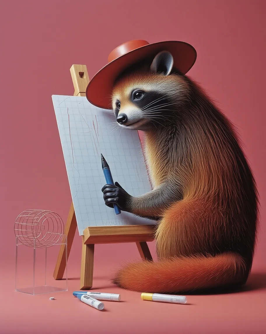 Red Haired Raccoon A red-haired raccoon a red hat at - Free AI Photo Generator - starryai