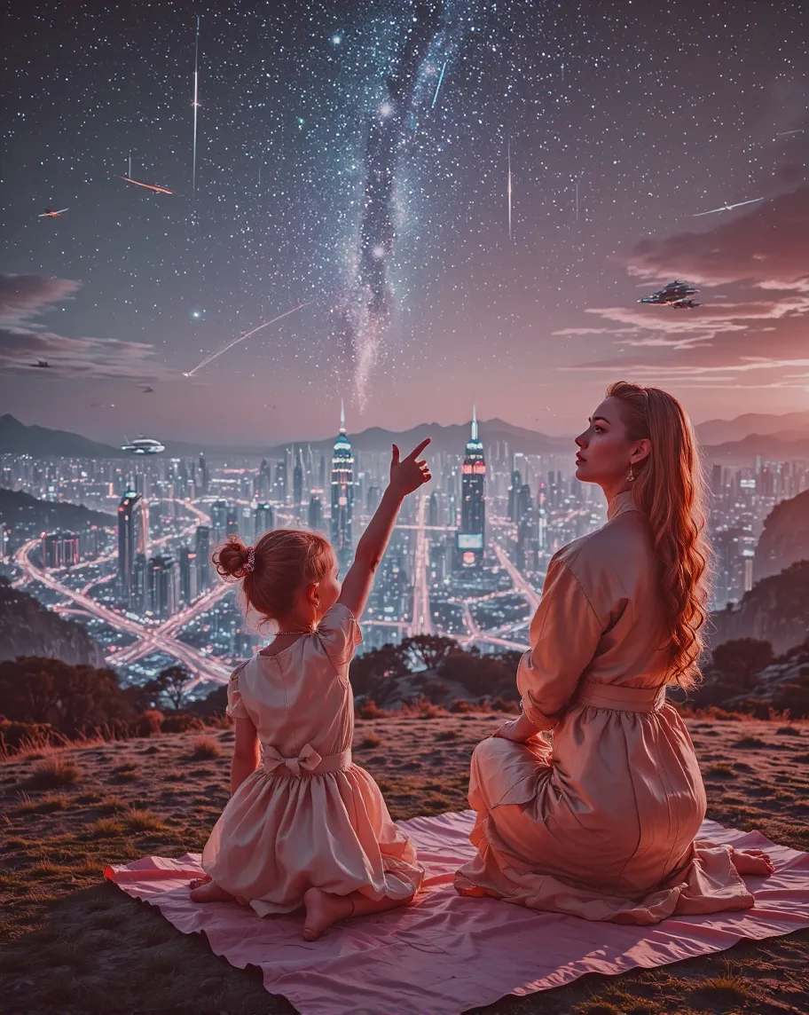 A young girl her mother sit on - Free AI Photo Generator - starryai