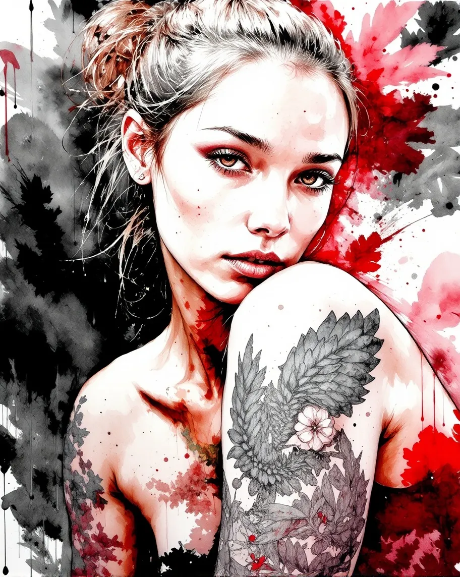 Ink portrait: Woman a bun, her - Free AI Photo Generator - starryai
