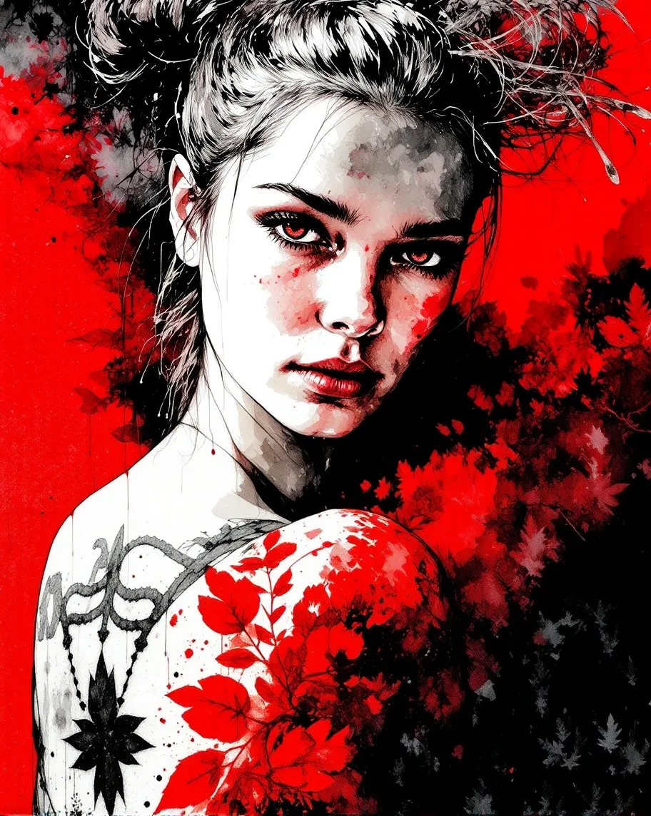 Ink portrait: Woman a bun, her - Free AI Photo Generator - starryai