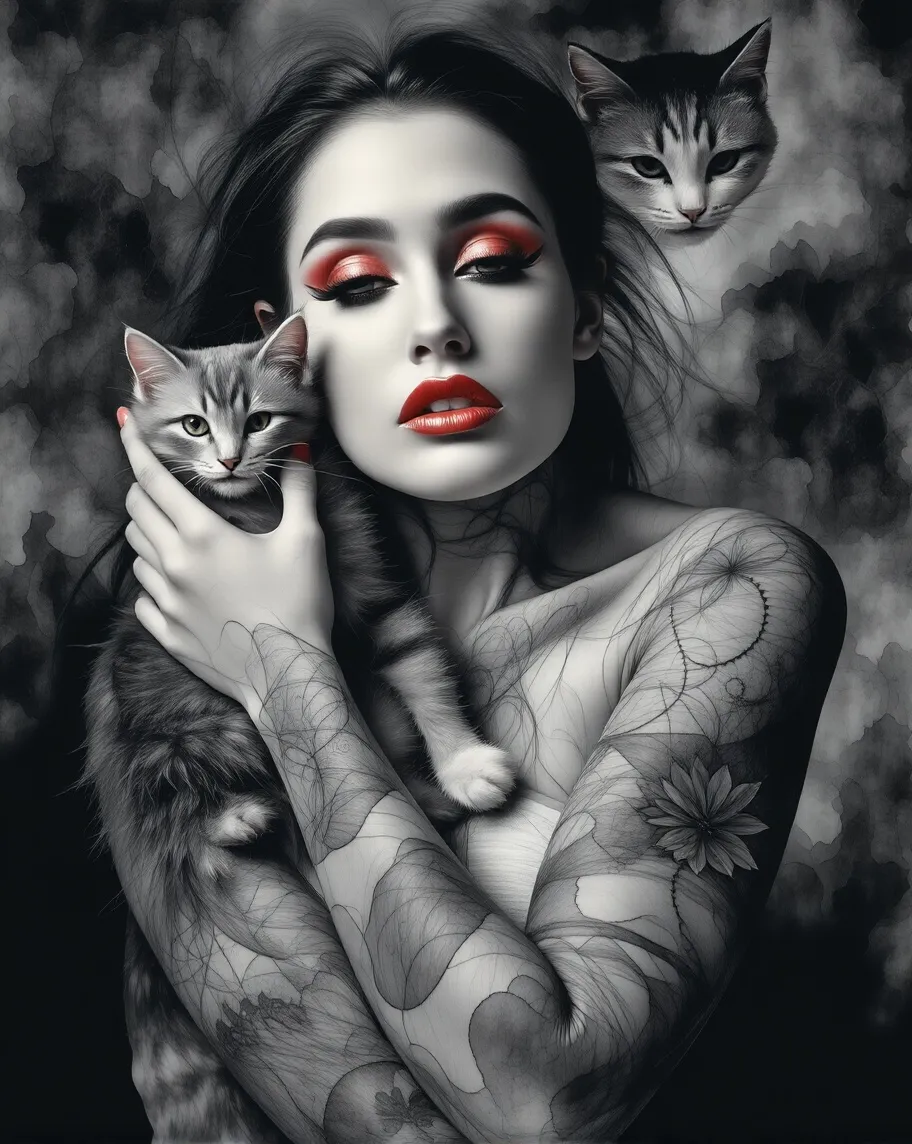 Ink portrait: Woman holding a her - Free AI Photo Generator - starryai