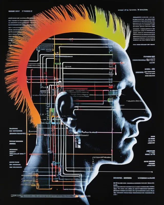 Punk diagram.                              1970s text book diagram, close up, drawn with white lines in a black void, solarised, tonalism, abstract, mixed media, collage, 16k, bauhaus, HD, computer circuits,  analogue technology diagram, colour splash 
