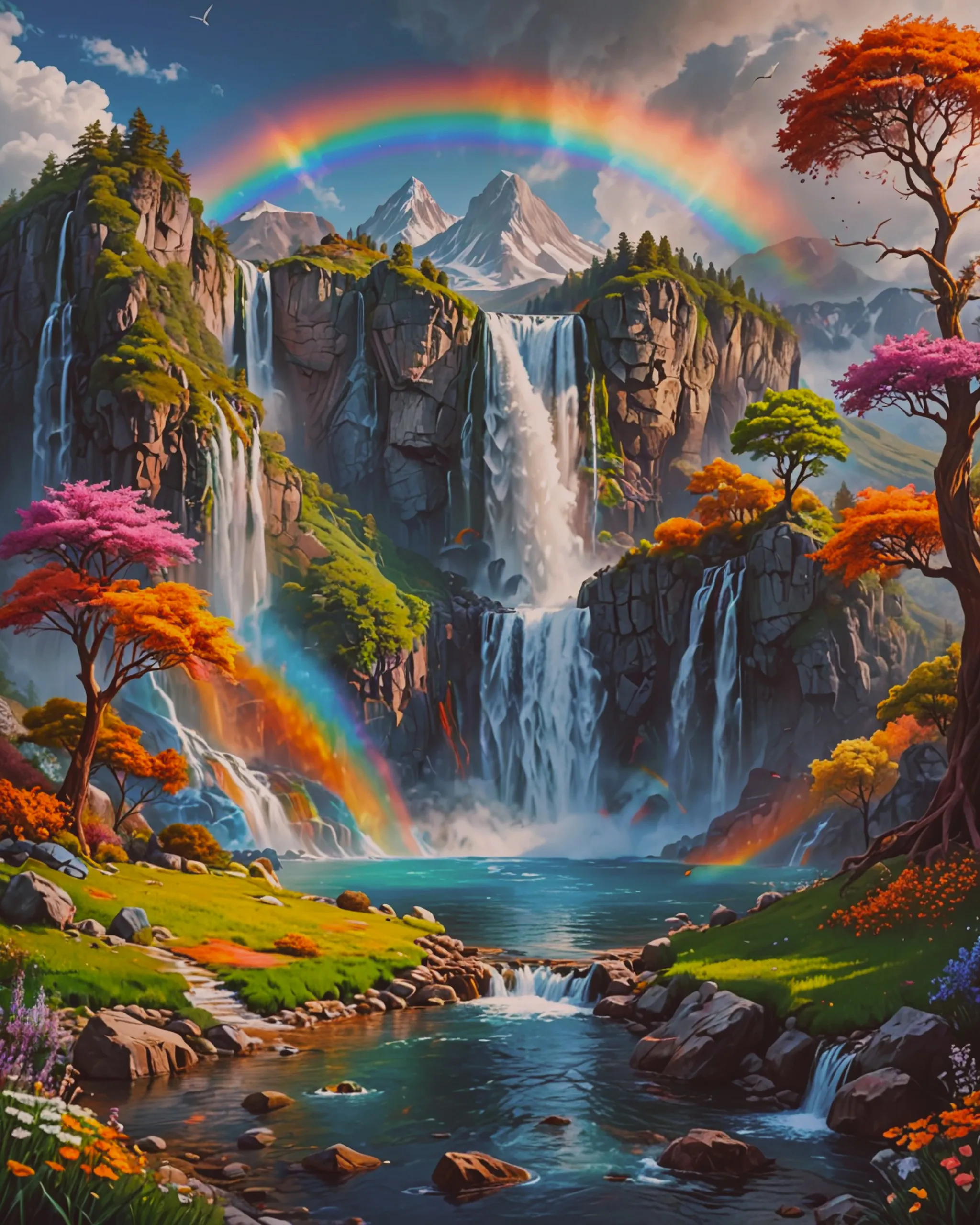 A rainbow melts forms a waterfall - Free AI Photo Generator - starryai