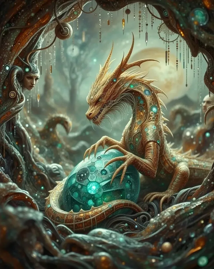A golden emerald dragon its egg, - Free AI Photo Generator - starryai