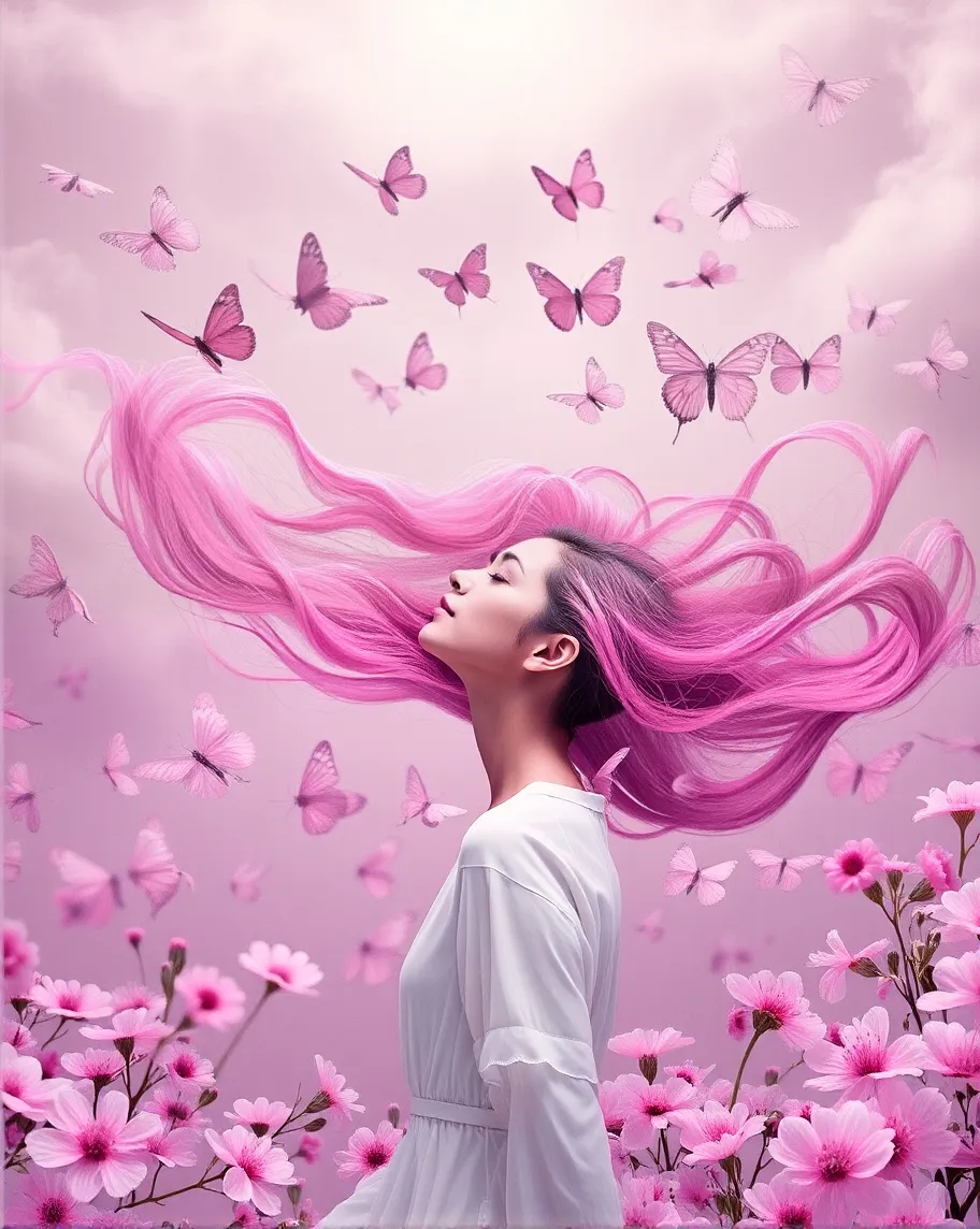 Woman long pink hair enjoying - Free AI Photo Generator - starryai