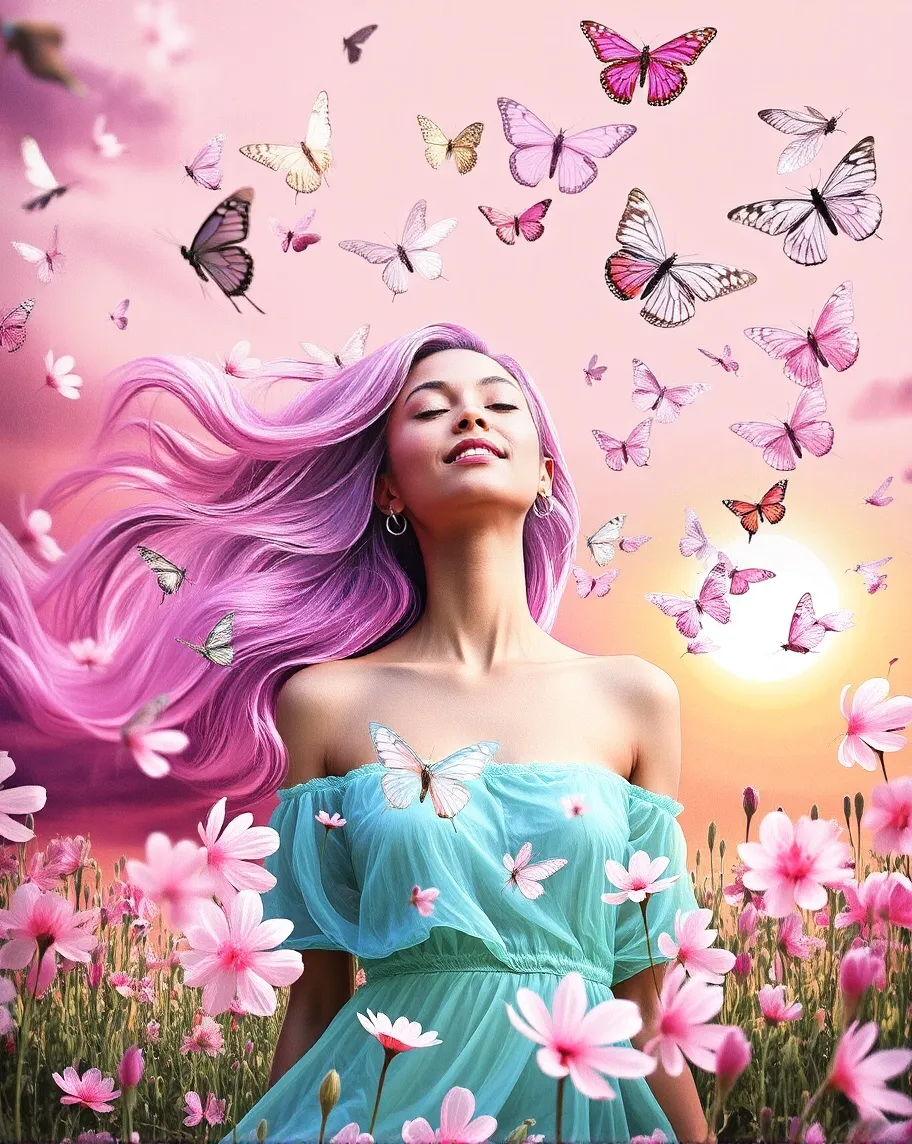 Woman long pink hair enjoying - Free AI Photo Generator - starryai