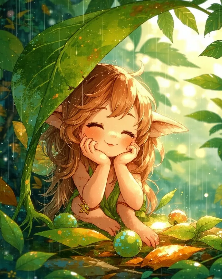 Cute smiling pixie under a leaf - Free AI Photo Generator - starryai