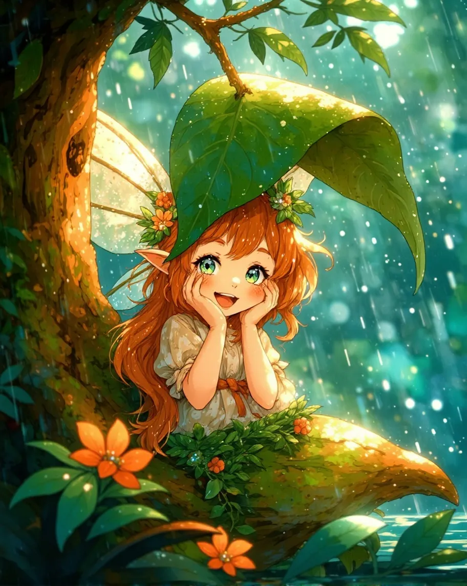 Cute smiling pixie under a leaf - Free AI Photo Generator - starryai