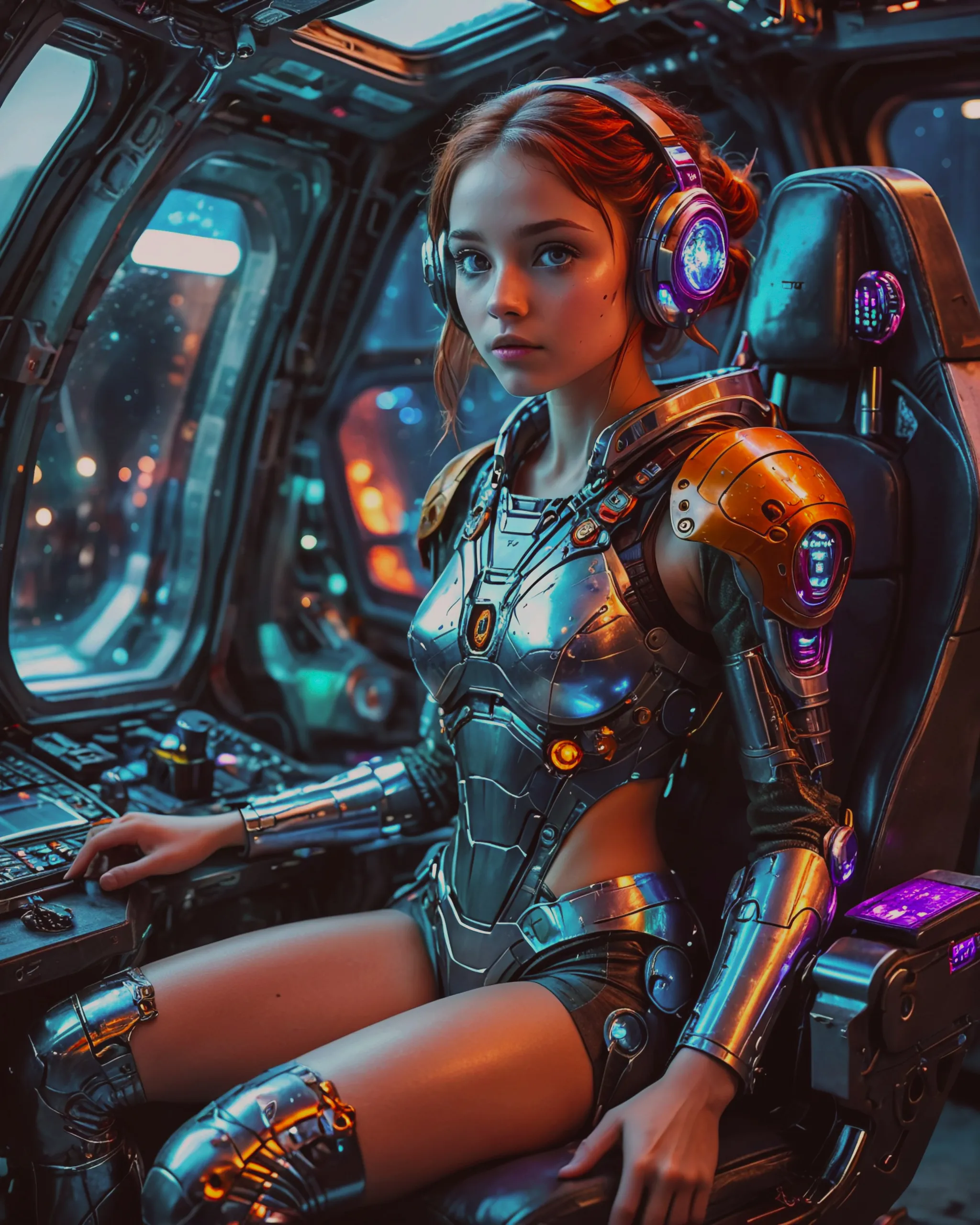 A beautiful young futuristic sci fi space pilot girl with extremely detailed large expressive dark eyes and dark auburn hair in the large cockpit of a futuristic sci fi spaceship with many windows and many bright lighted controls, elf ears, an intricately detailed futuristic sci fi space pilot’s chair, many colorful cyber implants, crop top, shorts, intense gaze, bold determination, space outside windows, futuristic, sci fi, sharp focus, High Resolution, Looking at viewer, Masterpiece, Best Quality, Super Detailed, UHD, Award Winning, Blue, Silver, Black, Purple, Green, Orange,