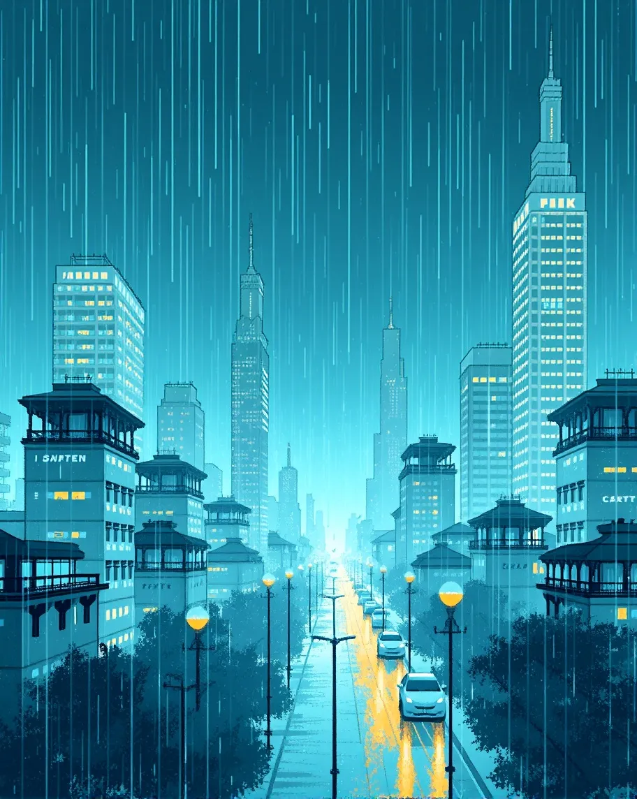 A city downtown rain. Tilt-shift, - Free AI Photo Generator - starryai