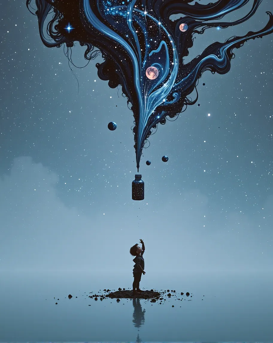 A small ink bottle rests center - Free AI Photo Generator - starryai