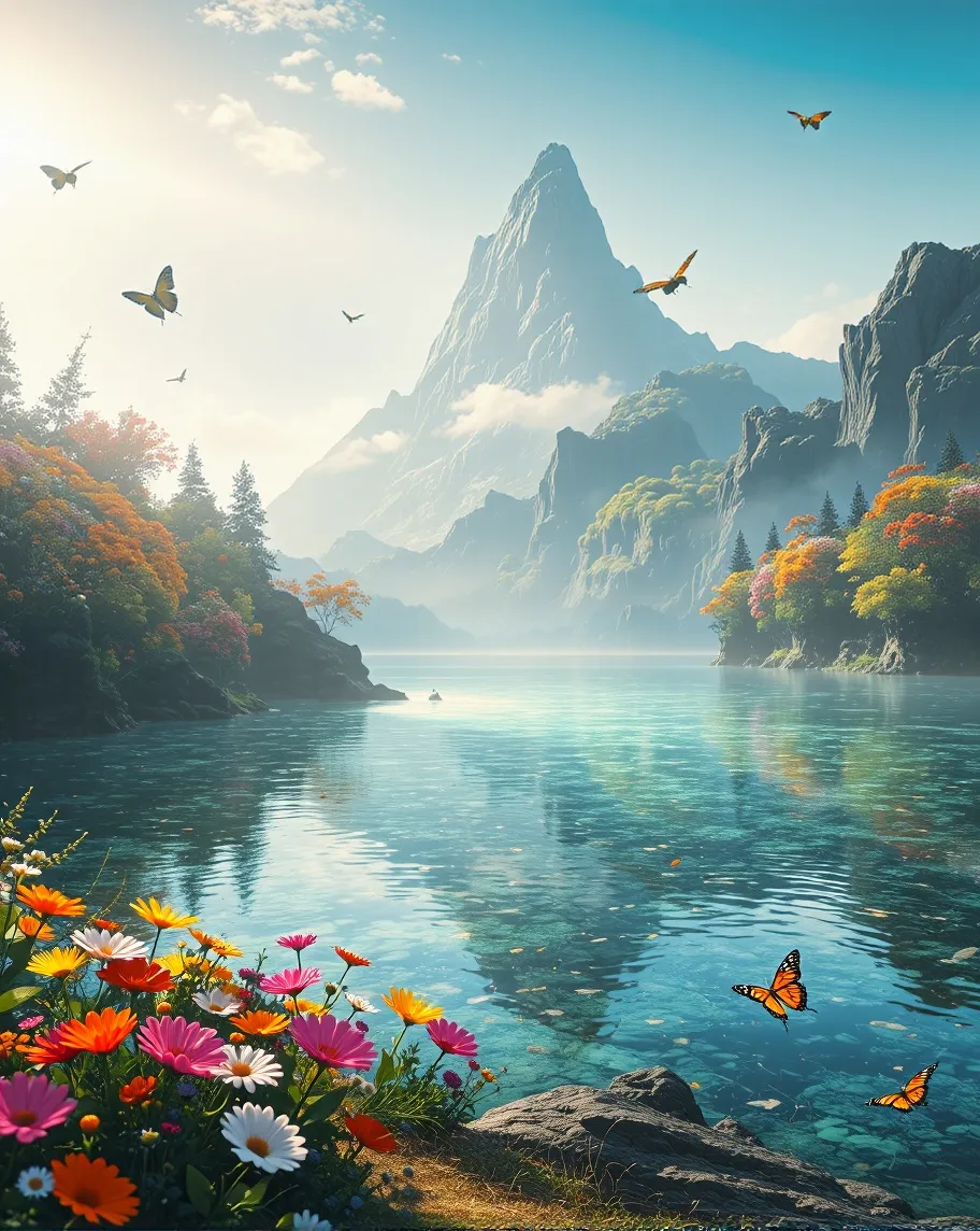 A majestic mountain rises front - Free AI Photo Generator - starryai