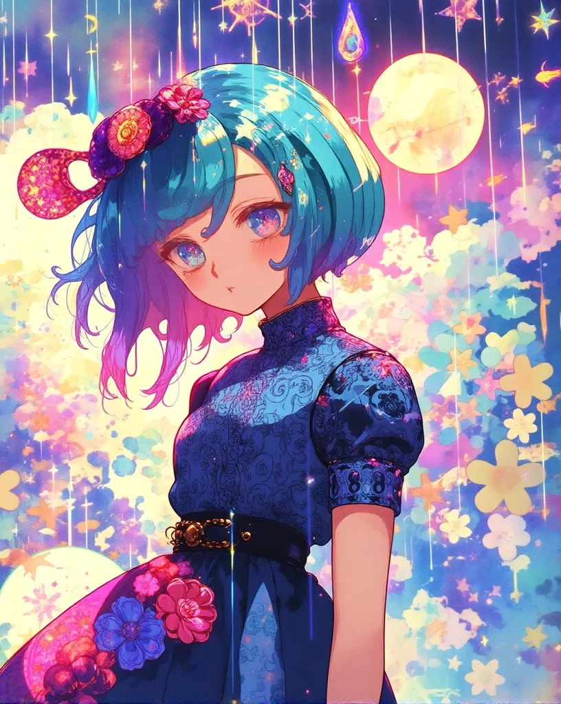 Cute girl aqua blue bobbed hair, - Free AI Photo Generator - starryai