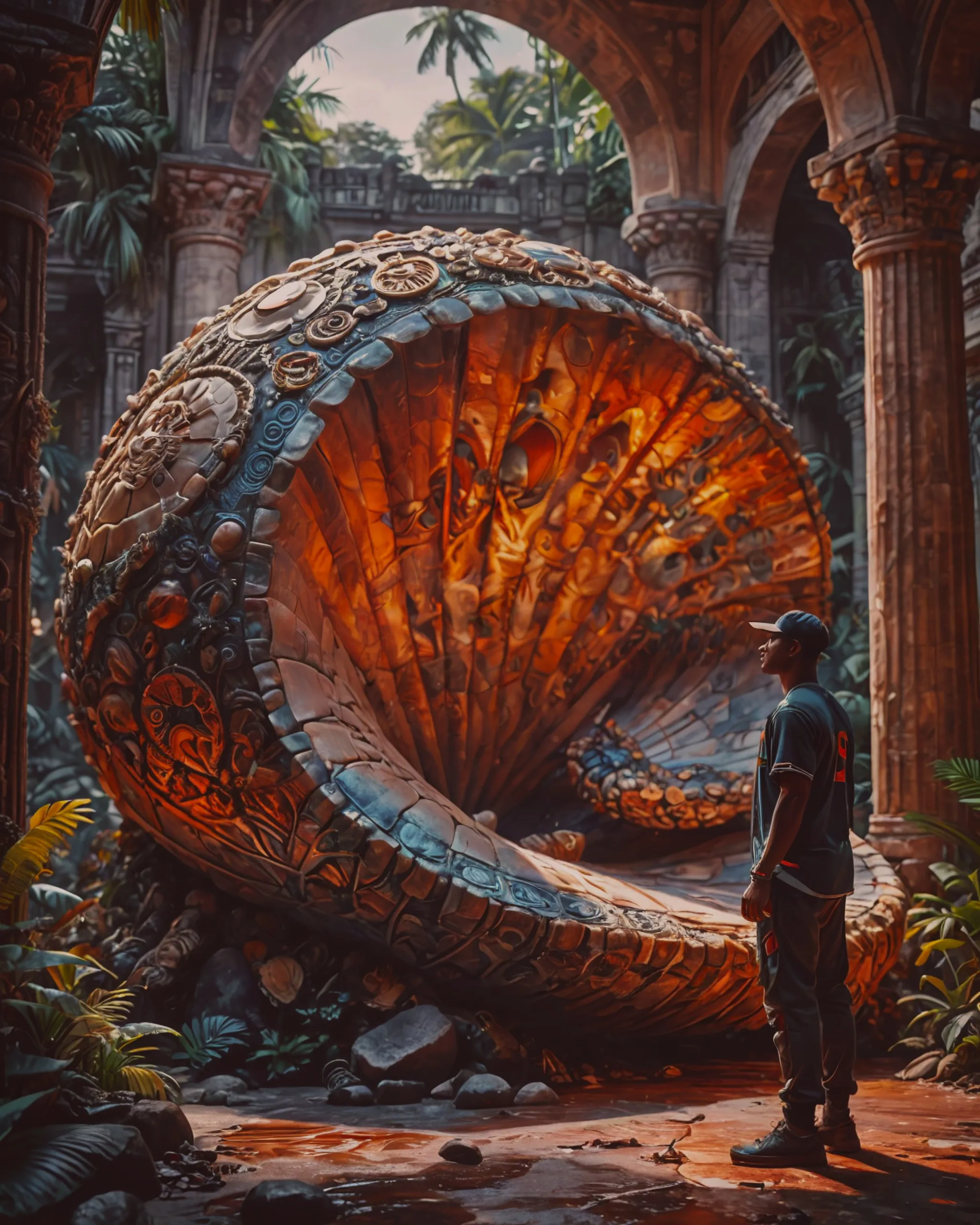 A black baseball player standing in front of a huge beautiful complex intricate detailed shell in a Mayan jungle. Photorealistic digital art, beautifully done, with striking bold colors and imagery.